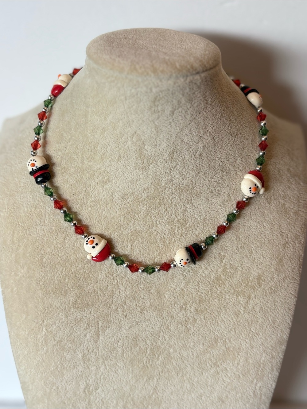 Christmas Snowman Necklace Red Green Holiday Beaded Necklace Winter Jewelry